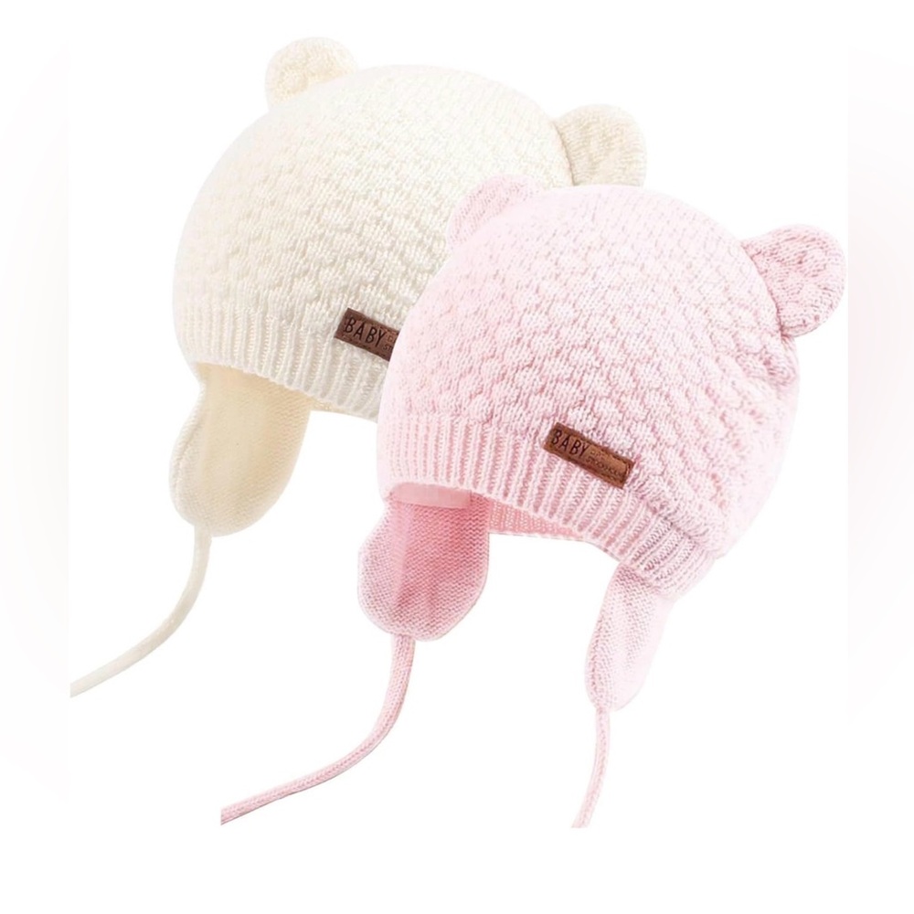 Cozy Knit Bear Ear Hats for Kids - Cream & Pink